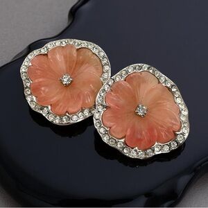 Vintage Kenneth Lane Land Pansy Clip On Earrings with Clear Rhinestones 1" KJL